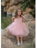 One Shoulder Blush Tulle Pearls Flower Girl Dress One Shoulder Blush Tulle Pearls Flower Girl Dress